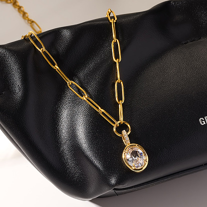 304 Stainless Steel Pave Clear Cubic Zirconia Oval Pendant Paperclip Chain Necklaces for Women