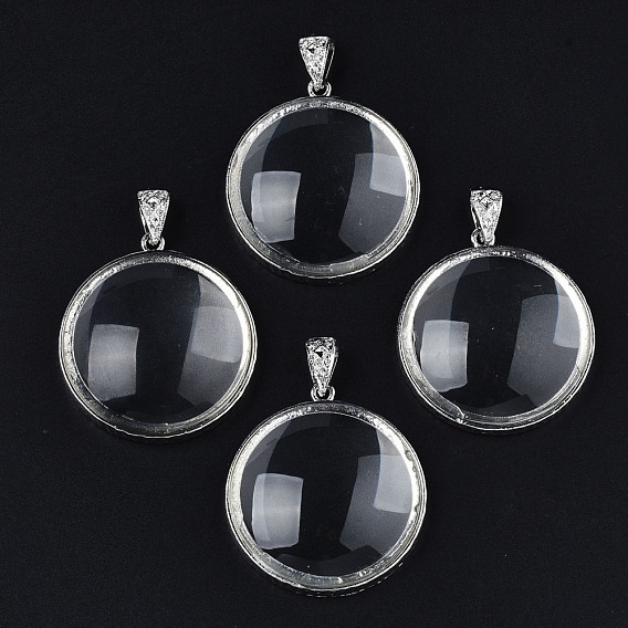 Glass Pendants, with Brass Findings, Flat Round Charms, Platinum