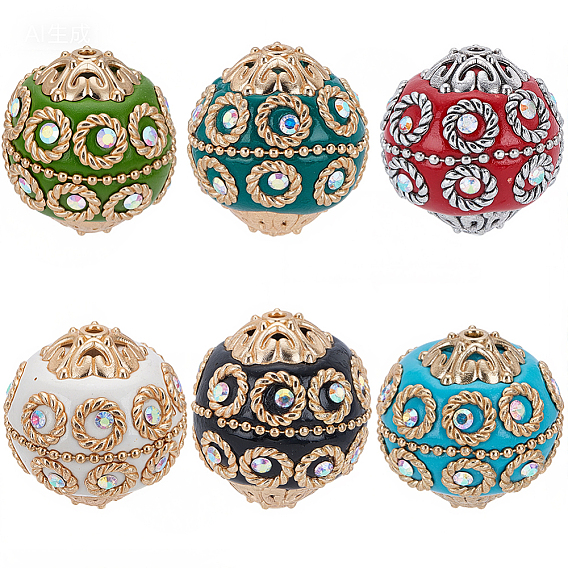 6шт 6 цвета бисера ручной работы из Индонезии, с металлическая фурнитурой, светло-золотистый цвет, круглые