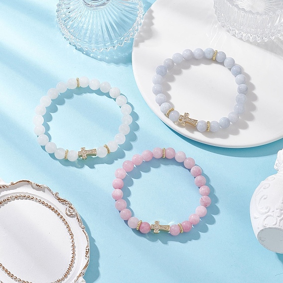 3Pcs Natural Quartz & Chalcedony & Malaysia Jade Round Beads Stretch Bracelets, Cross Brass Micro Pave Cubic Zirconia Jewelry for Women