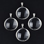 Glass Pendants, with Brass Findings, Flat Round Charms, Platinum