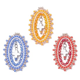 3 шт. стеклянные бусины овальной формы с подвесками-крестиками, с латунными соединительными кольцами и 304 устойчивыми к потускнению открытыми соединительными кольцами из нержавеющей стали