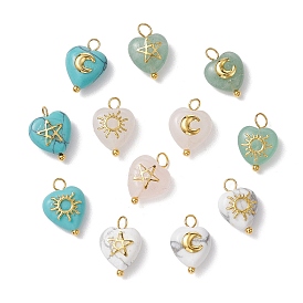 Mixed Stone Heart Charms with Golden Tone Metal Sun Moon Star Slices