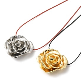 Collier pendentif fleur rose en alliage de zinc avec cordons en cuir
