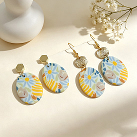 Handmade Polymer Clay & Alloy Dangle Earrings, Oval with Flower Pattern, Golden