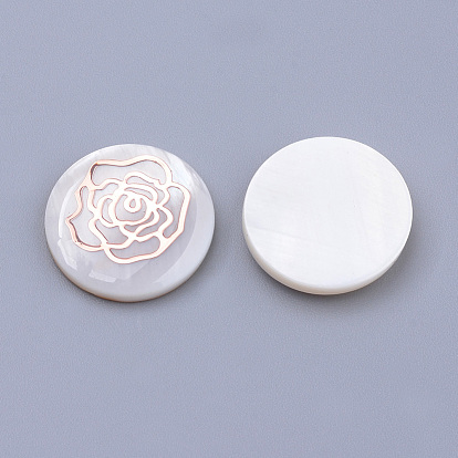 Freshwater Shell Cabochons, with Iron Findings, Flat Round with Flower, Rose Gold