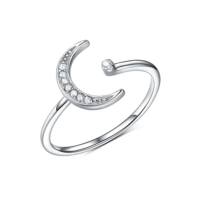 Sterling Silver Micro Pave Clear Cubic Zirconia Moon Cuff Rings for Women