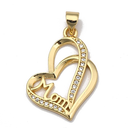 Brass Micro Pave Clear Cubic Zirconia Pendants, Long-Lasting Plated, for Mother's Day, with Snap on Bails, Heart with Word Mom