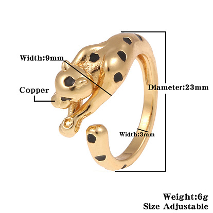 Enamel Leopard Open Cuff Ring, Brass Animal Jewelry for Men Women