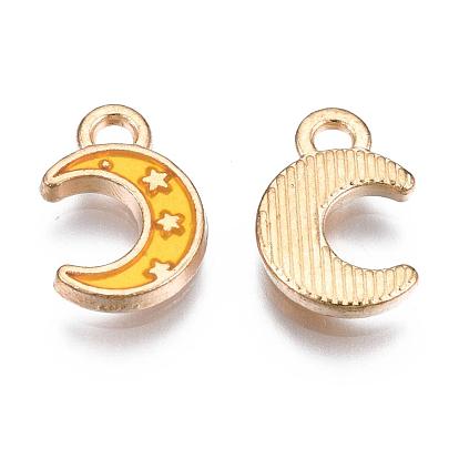 Light Gold Plated Alloy Enamel Pendants, Moon with Star