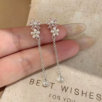 Pendientes largos de botón con borla doble de flor de aleación y perlas de plástico, Pendientes colgantes de cadena con forma de lágrima y diamantes de imitación para mujer