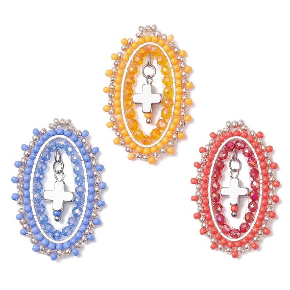 3 шт. стеклянные бусины овальной формы с подвесками-крестиками, с латунными соединительными кольцами и 304 устойчивыми к потускнению открытыми соединительными кольцами из нержавеющей стали