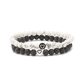 2Pcs 2 Style Natural Lava Rock & Howlite Round Beaded Stretch Bracelets Set with Heart, Oil Diffuser Power Gemstone Jewelry for Women