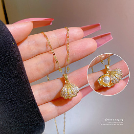 Модная цепочка-замок с микроинкрустацией цирконом, простое парное ожерелье - жемчужное ожерелье.