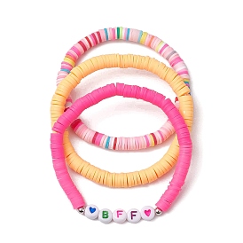 3Pcs 3 Colors Polymer Clay Disc Beaded Stretch Bracelet Sets, Stackable Bracelets for Women