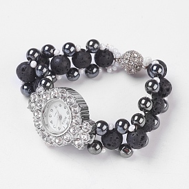 Natural Lava Rock Bracelets Watches, with Non-Magnetic Synthetic Hematite and Glass Beads, Alloy Rhinestone Watch Head and Magnetic Clasps