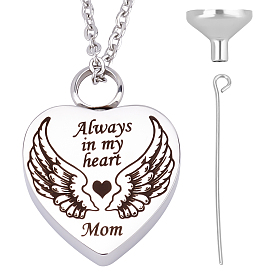 CREATCABIN Always in My Heart Wing Urn Pendant Necklace, Heart Ashes Urn Memorial Necklace, with Stainless Steel Mini Funnel