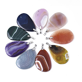 Natural Agate Big Pendants, with Platinum Plated Brass Pinch Bails, Dyed, Teardrop