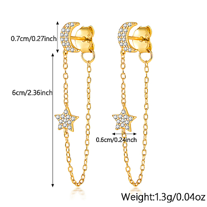 925 Sterling Silver Moon & Star Stud Earrings, Chains Tassel Earrings, with 925 Stamp