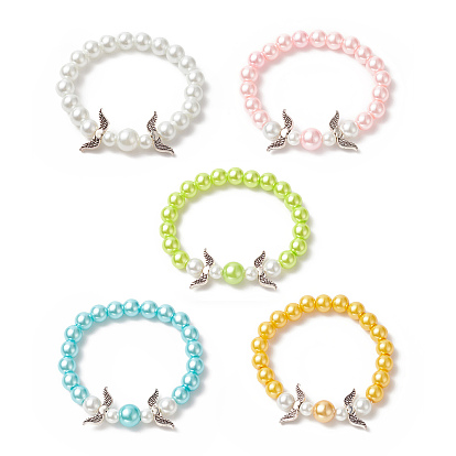 Glass Imitation Pearl Beaded Stretch Bracelets, Alloy Wing Jewelry for Kids