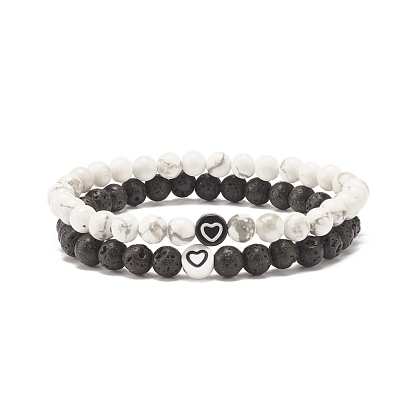 2Pcs 2 Style Natural Lava Rock & Howlite Round Beaded Stretch Bracelets Set with Heart, Oil Diffuser Power Gemstone Jewelry for Women