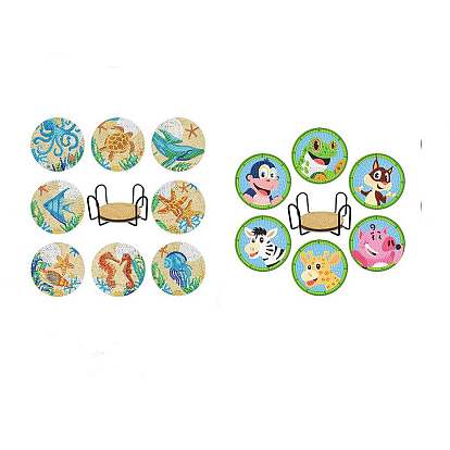 DIY Animal Pattern Coaster Diamond Painting Kits, Including Flat Round Cup Mat, Cork Pad, Coaster Holder, Resin Rhinestones Bag, Diamond Sticky Pen, Tray Plate, Glue Clay