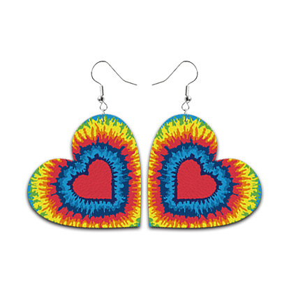 Rainbow Color Pride Flag PU Leather Heart Dangle Earrings, Brass Long Drop Earrings for Women