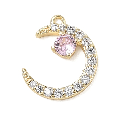 Breloques en laiton avec micro pavé de zircone cubique rose, charmes lune