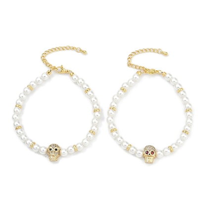 Браслеты с подвесками из латуни с микропаве из кубического циркония, с abs имитационными жемчужными бусинами , без кадмия и без свинца, долговечный, реальный 18 k позолоченный, череп