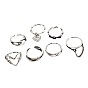 Vintage 7-Piece Heart Ring Set for Women - European and American Geometric Chain Link Design