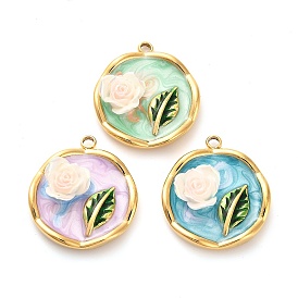 304 нержавеющей стальной эмали подвески, cmолой, плоские круглые с цветком, ионное покрытие (ip), реальный 18 k позолоченный
