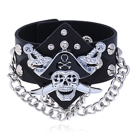 Skull PU Imitation Leather Cord Bracelets, Alloy Chain Bracelets for Men