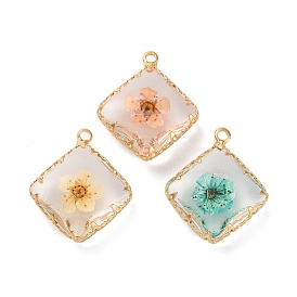 Brass Resin Pendants, with Dried Flower, Real 14K Plated, Long-Lasting Plated, Rhombus