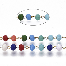 Chaînes à perles en verre facetté fait à la main, avec chaînes de câble et bobine en acier inoxydable, soudé, ronde, or