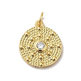 Rack Plating Brass Micro Pave Clear Cubic Zirconia Pendants, with Jump Ring, Cadmium Free & Nickel Free & Lead Free, Flat Round
