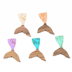 Transparent Resin & Walnut Wood Pendants, with Foil, Mermaid Fishtail Shape