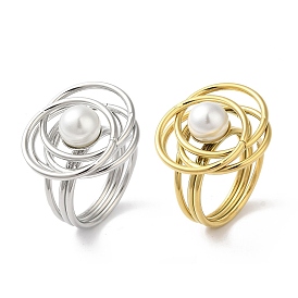 304 Stainless Steel Flower Finger Ring for Women, with ABS Plastic Imitation Pearls