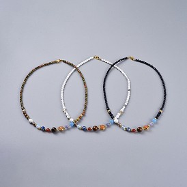 Gemstone Beaded Necklaces, with Brass Beads and 304 Stainless Steel Lobster Claw Clasps, Universe Galaxy The Nine Planets Guardian Star Natural Stone