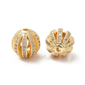 Brass Micro Pave Cubic Zirconia Beads, Real 18K Gold Plated, Hollow Round