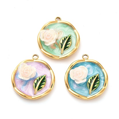 304 нержавеющей стальной эмали подвески, cmолой, плоские круглые с цветком, ионное покрытие (ip), реальный 18 k позолоченный