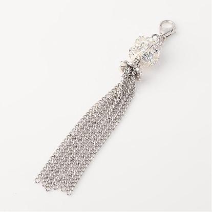 Brass Rhinestone Beads Tassels  Pendant Decoration, with Iron Chains and Zinc Alloy Lobster Claw Clasp, 90mm
