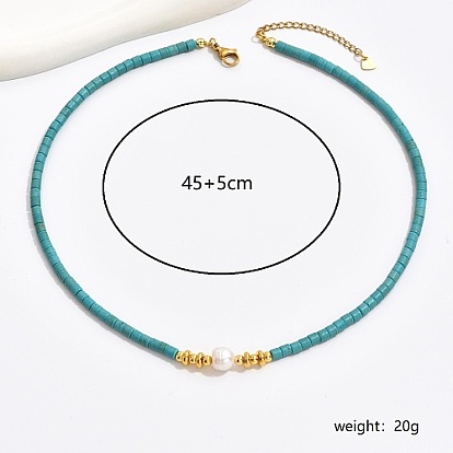 Synthetic Turquoise Column & Natural Pearl Beaded Necklace