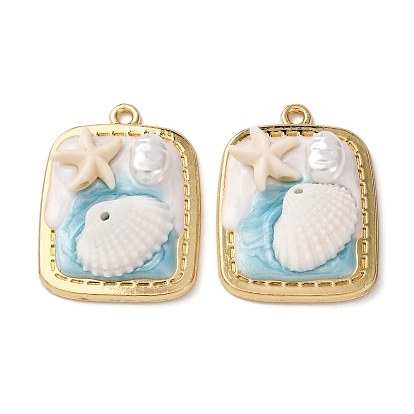 Подвески из эмали и сплава, прямоугольник с подвесками в форме морской звезды и керамической ракушки, с ABS имитации жемчуга, стойки покрытие, золотой свет