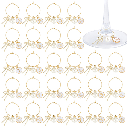 26 шт. 26 стили буквы a~z с бантом из сплава эмали и АБС-пластика с перламутровым стеклом для бокалов для вина, с латунным кольцом-подвеской для бокала для вина