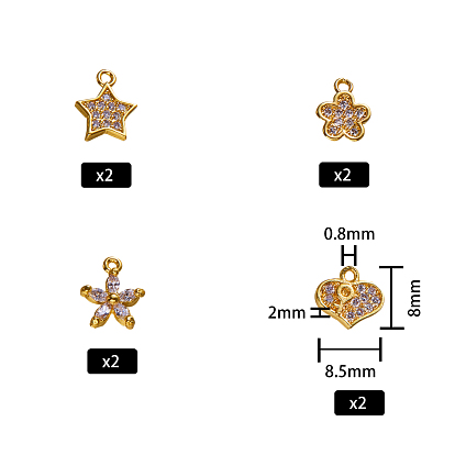 Brass Micro Pave Clear Cubic Zirconia Charms, Mixed Shapes
