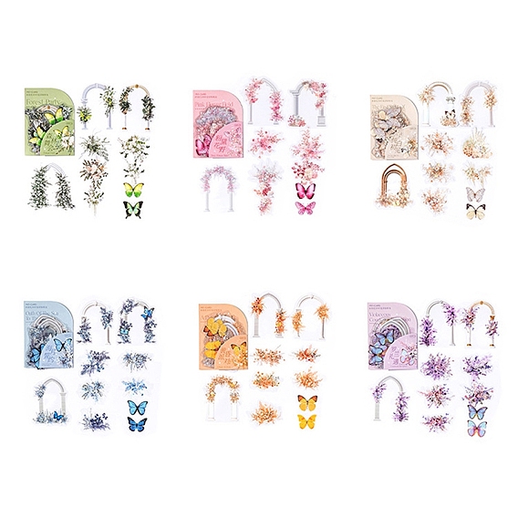 20Pcs Flower Arch Waterproof PET Decorative Stickers, Self-adhesive Butterfly Decals, for DIY Scrapbooking