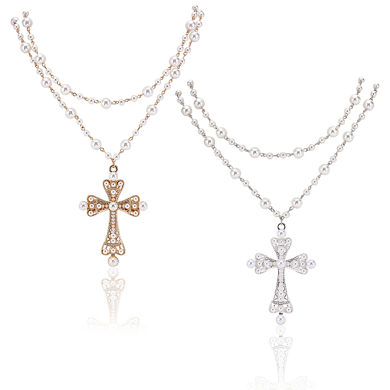 2шт. 2 цвета сплав и искусственный жемчуг крест большой кулон двухслойная цепочка ожерелье для женщин, белые
