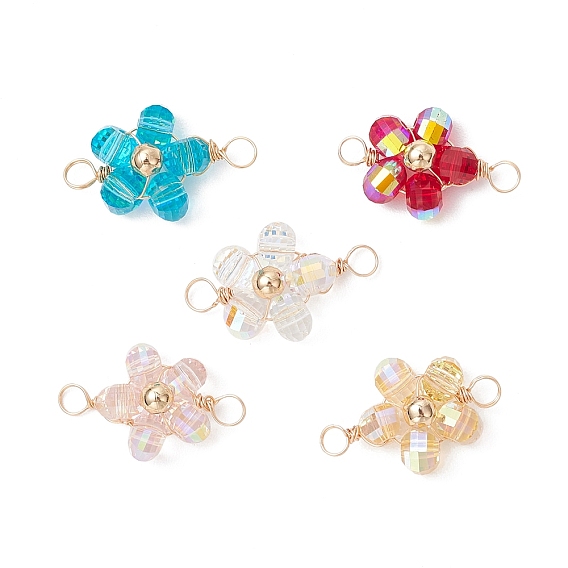 Прозрачные гальванические стеклянные бусины-цветочки-звенья-соединители-шармы, с обмоткой из медной проволоки, золотой свет