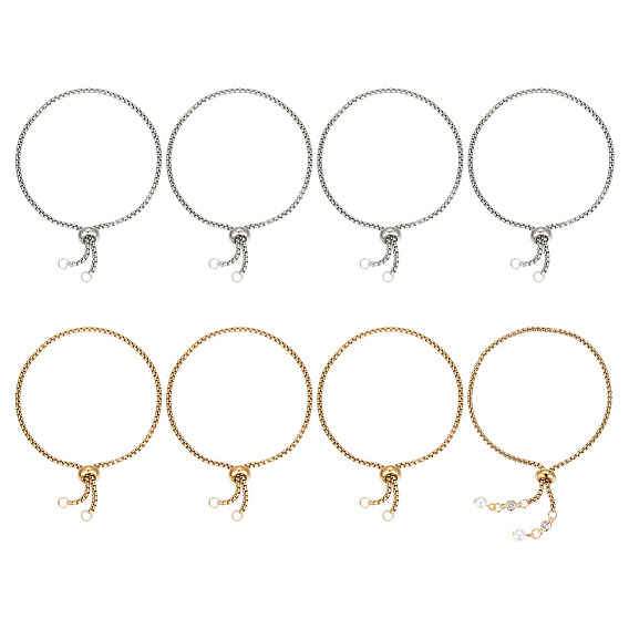 8шт. 2 стиль регулируется 304 набор браслетов-слайдеров из нержавеющей стали, цепочки-коробочки, штабелируемые браслеты