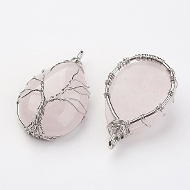 Природного розового кварца подвески, Подвески из латунной проволоки, капля